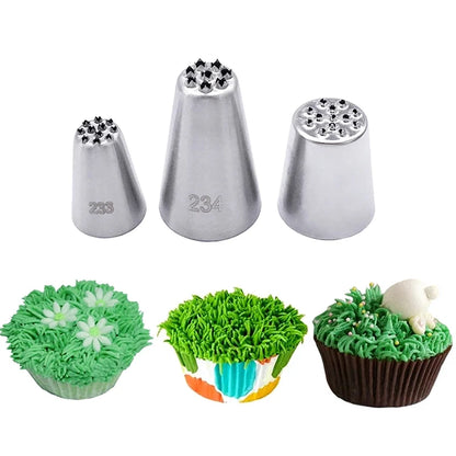 Stainless Steel Grass Shape Cream Nozzles - 3 Pcs Set