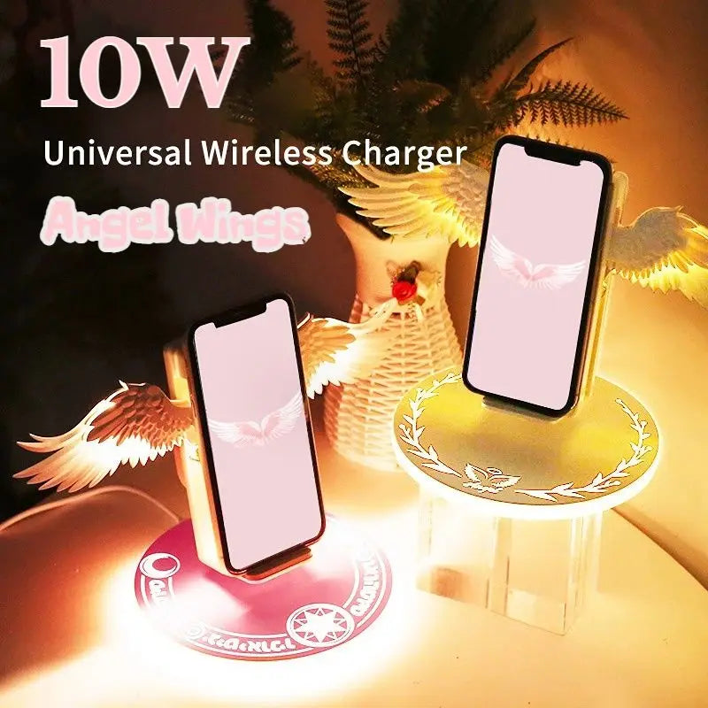 10W Wireless Charger Creative Angel Wings QI Phone Fast Charge Movable Wing Shape with Breathing Light and Music Function Gift