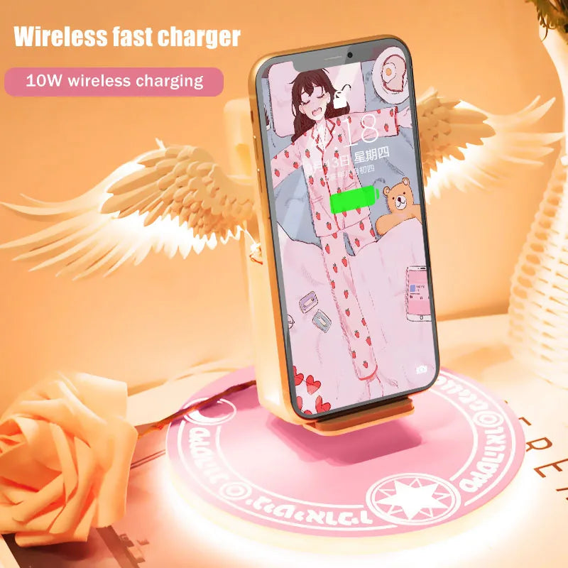 10W Wireless Charger Creative Angel Wings QI Phone Fast Charge Movable Wing Shape with Breathing Light and Music Function Gift